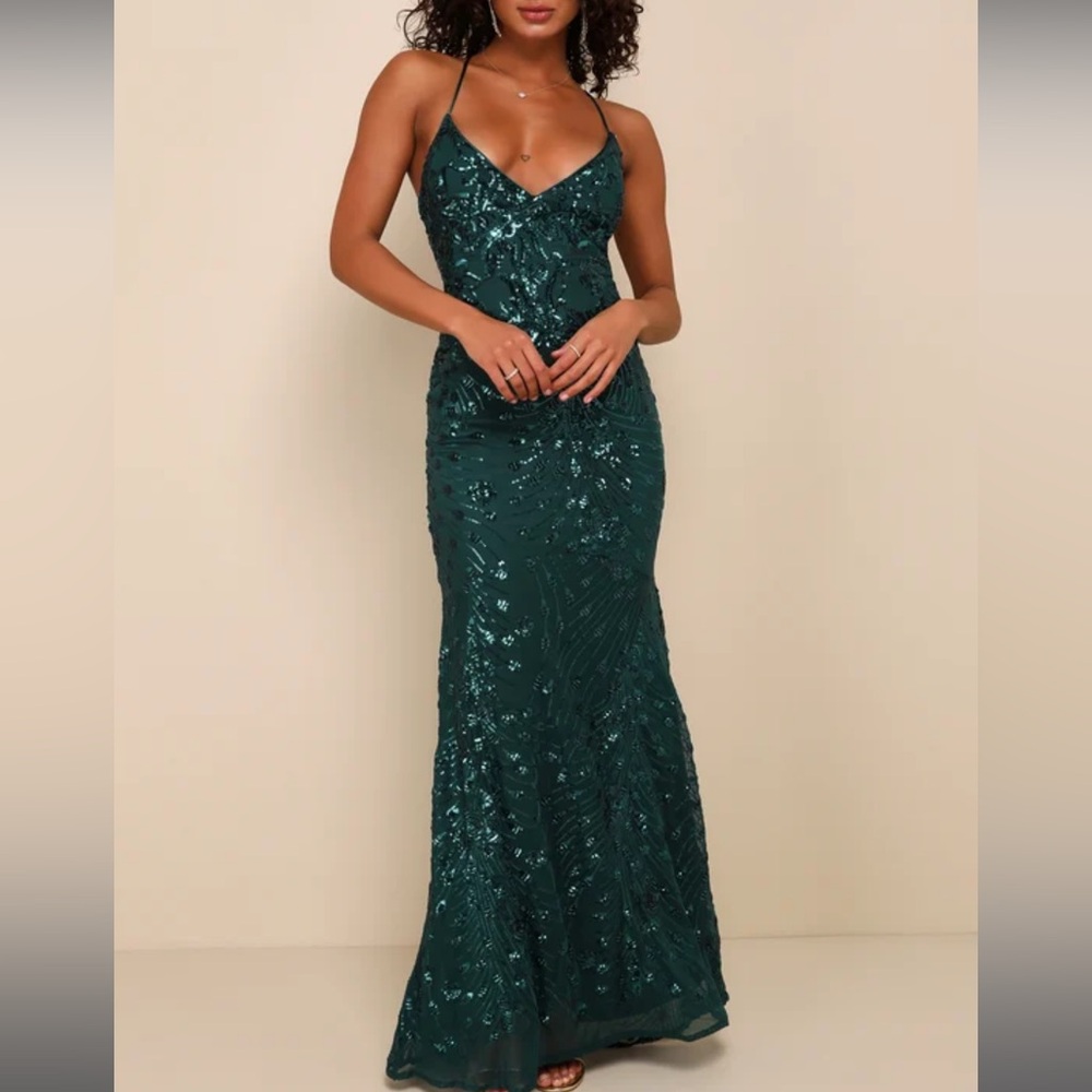 Lulus Forest Green Sequin Lace-up maxi dress